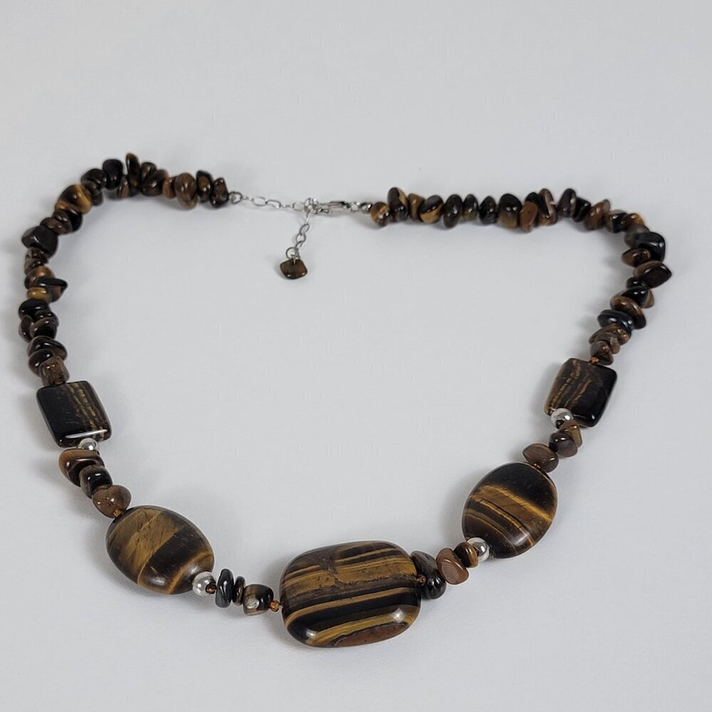 925 Sterling Silver Tiger's Eye Necklace 19 In Beaded Lobster Clasp